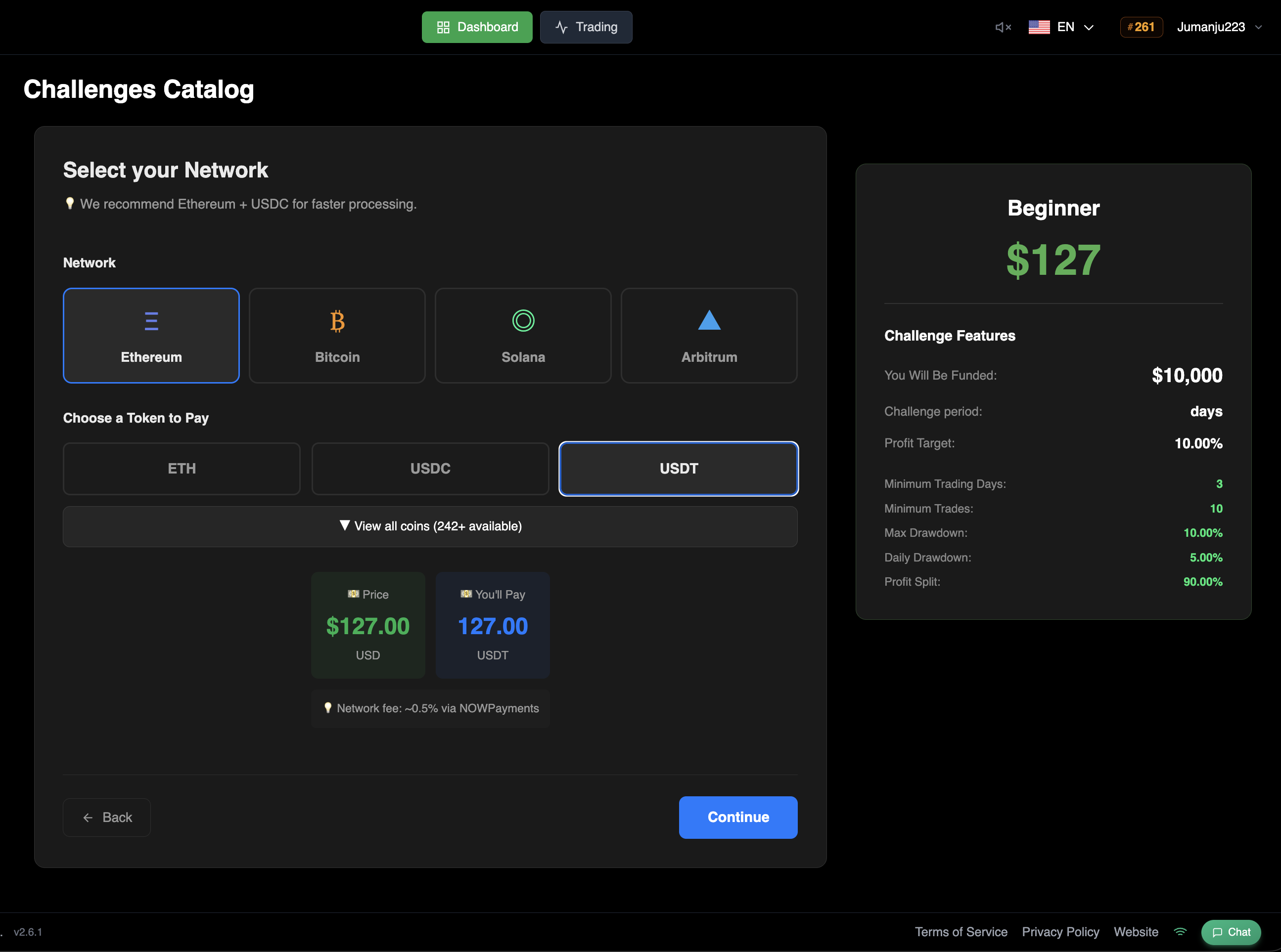 Select network and token